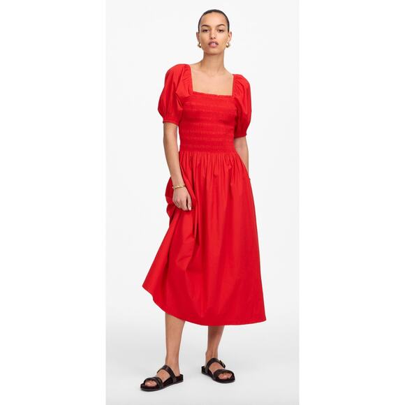 Madewell | NWT Smocked Puff Sleeve Midi Dress in Poplin in Cerise Red | Sz L - Picture 1 of 10